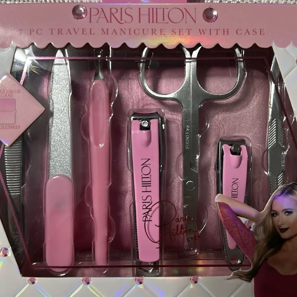 Paris Hilton Pink 7 Piece Pedi Manicure Set Travel Case Included
